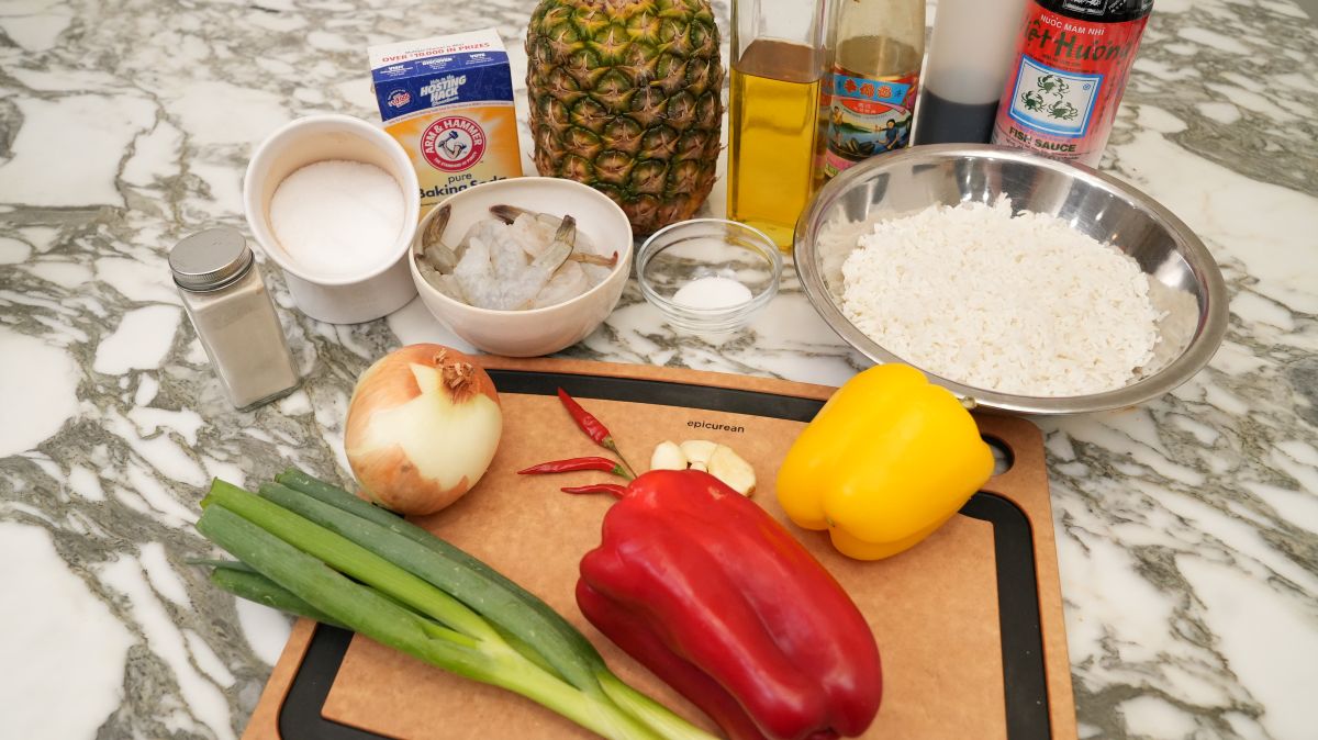 Raw ingredients for Pineapple Fried Rice.