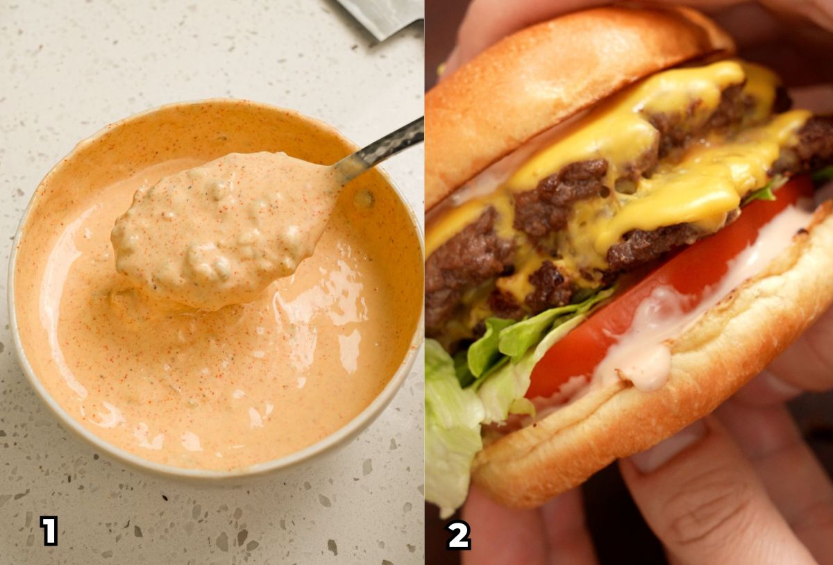 A 2 photo collage showing key cooking steps on how to make copycat Big Mac sauce.