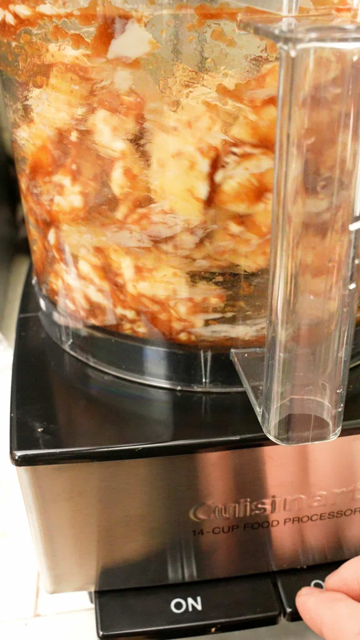 Benihana garlic butter being mixed in a food processor.