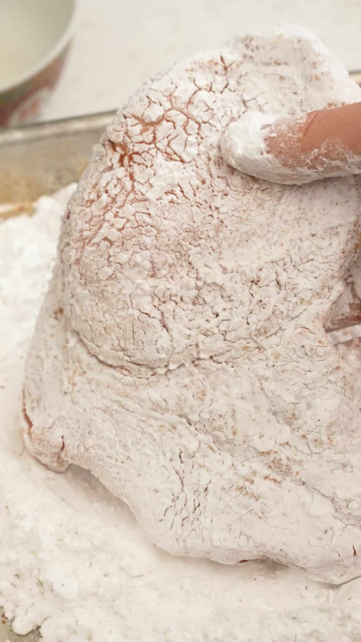 Marinated pork chops coated in potato starch.