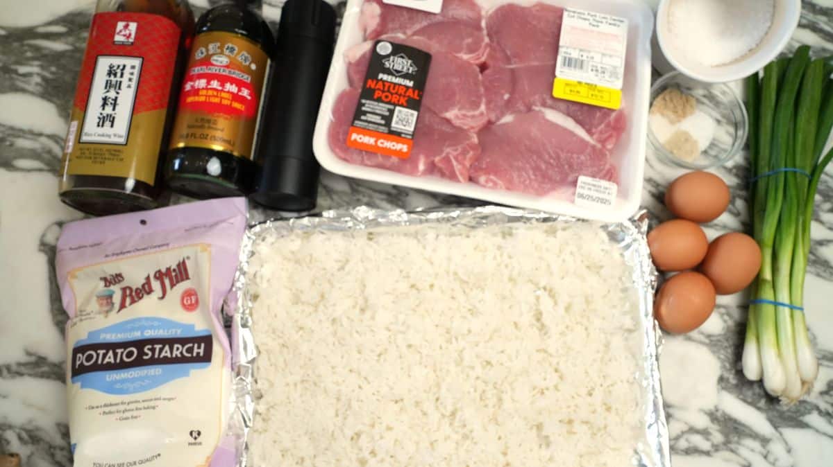 Raw ingredients for Din Tai Fung Pork Chop Fried Rice.