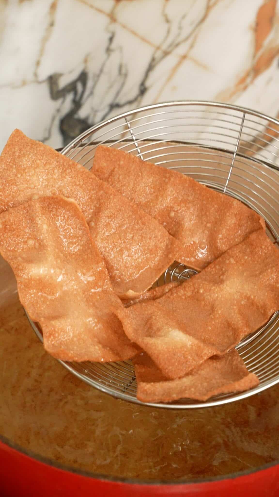 Fried Wonton Chips fried in oil.