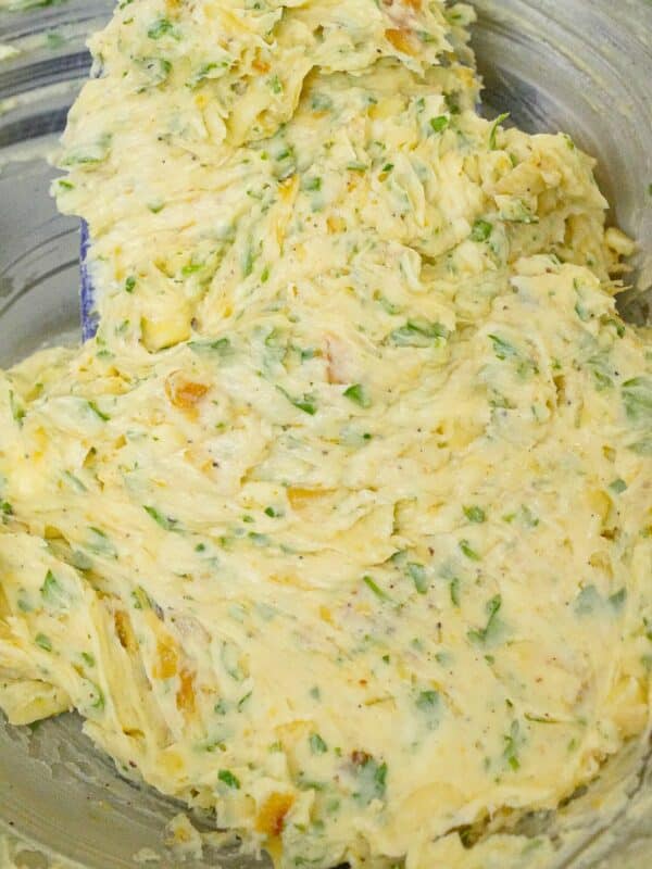Roasted garlic butter mixed in a bowl.