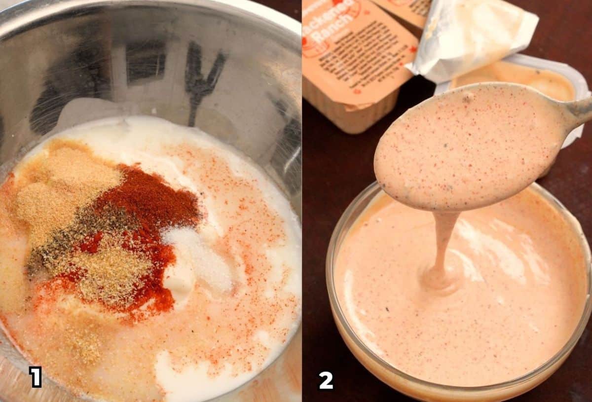 A 2 photo collage showing key cooking steps on how to make copycat Popeye's blackened ranch at home.