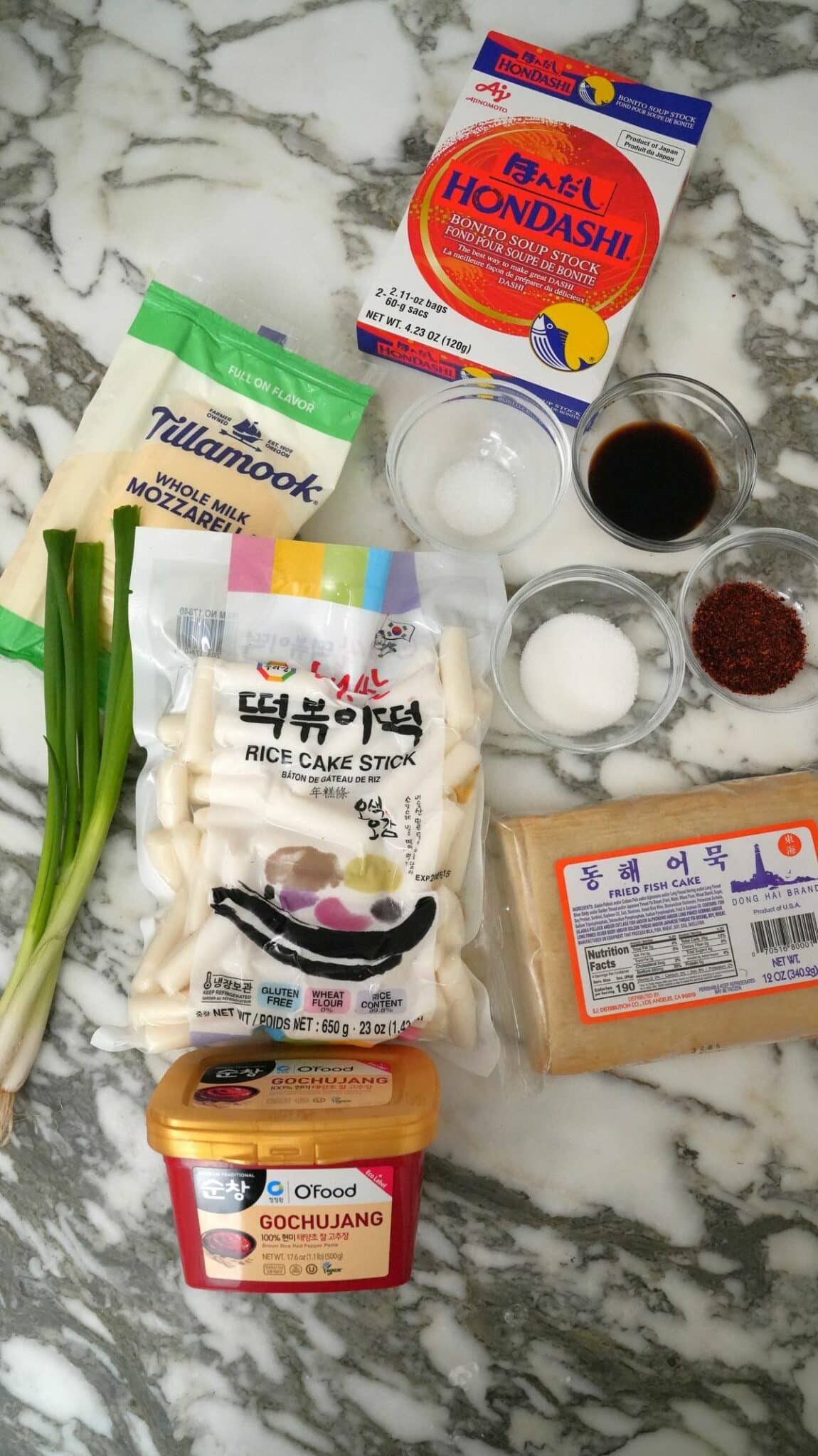 Raw ingredients for Tteokbokki Korean Spicy Rice Cakes.