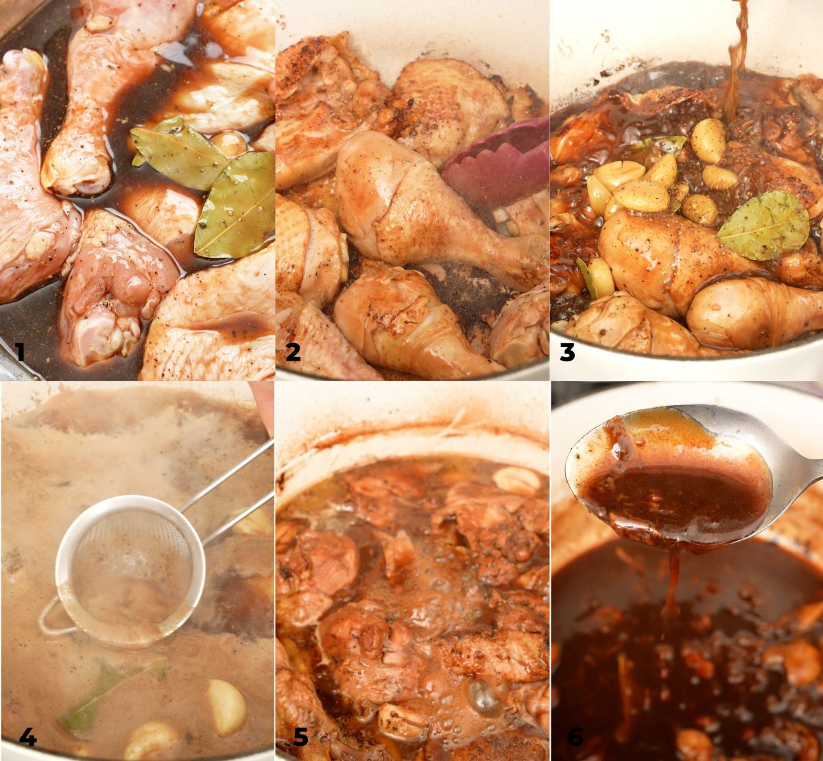 A six collage photo of cooking steps for Chicken Adobo