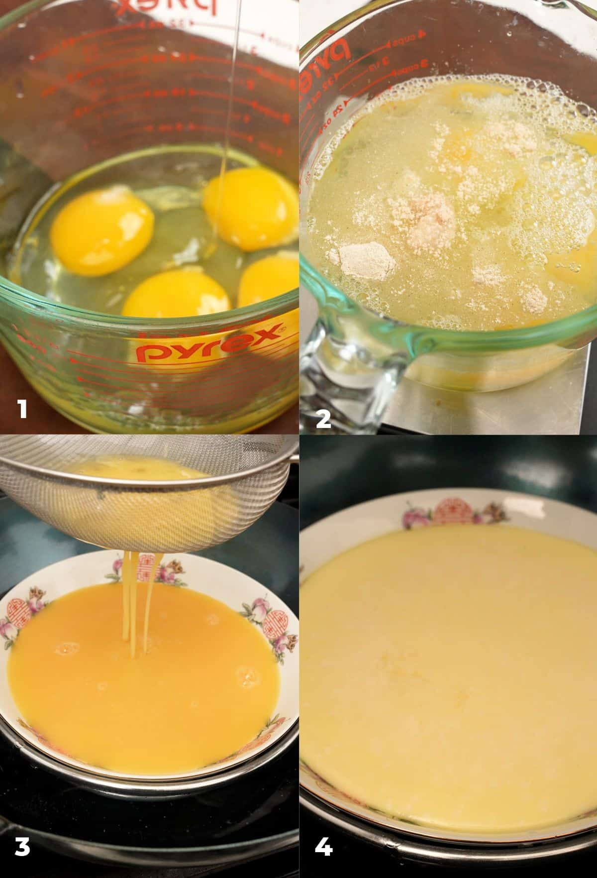 A four photo collage of cooking steps to make Chinese Steamed Egg.