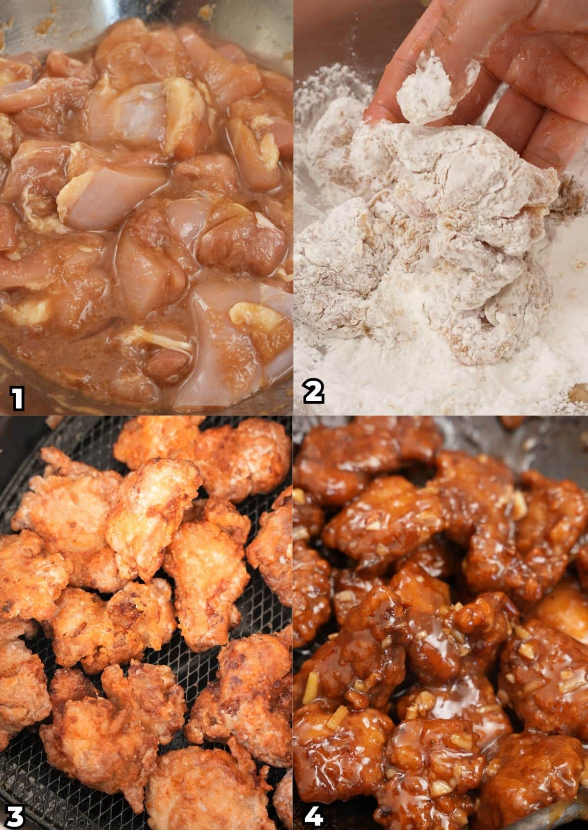 A four photo collage of cooking steps for air fryer orange chicken, including marinating the chicken, dredging the chicken in potato starch, air frying the chicken, and tossing the chicken in the orange chicken sauce.
