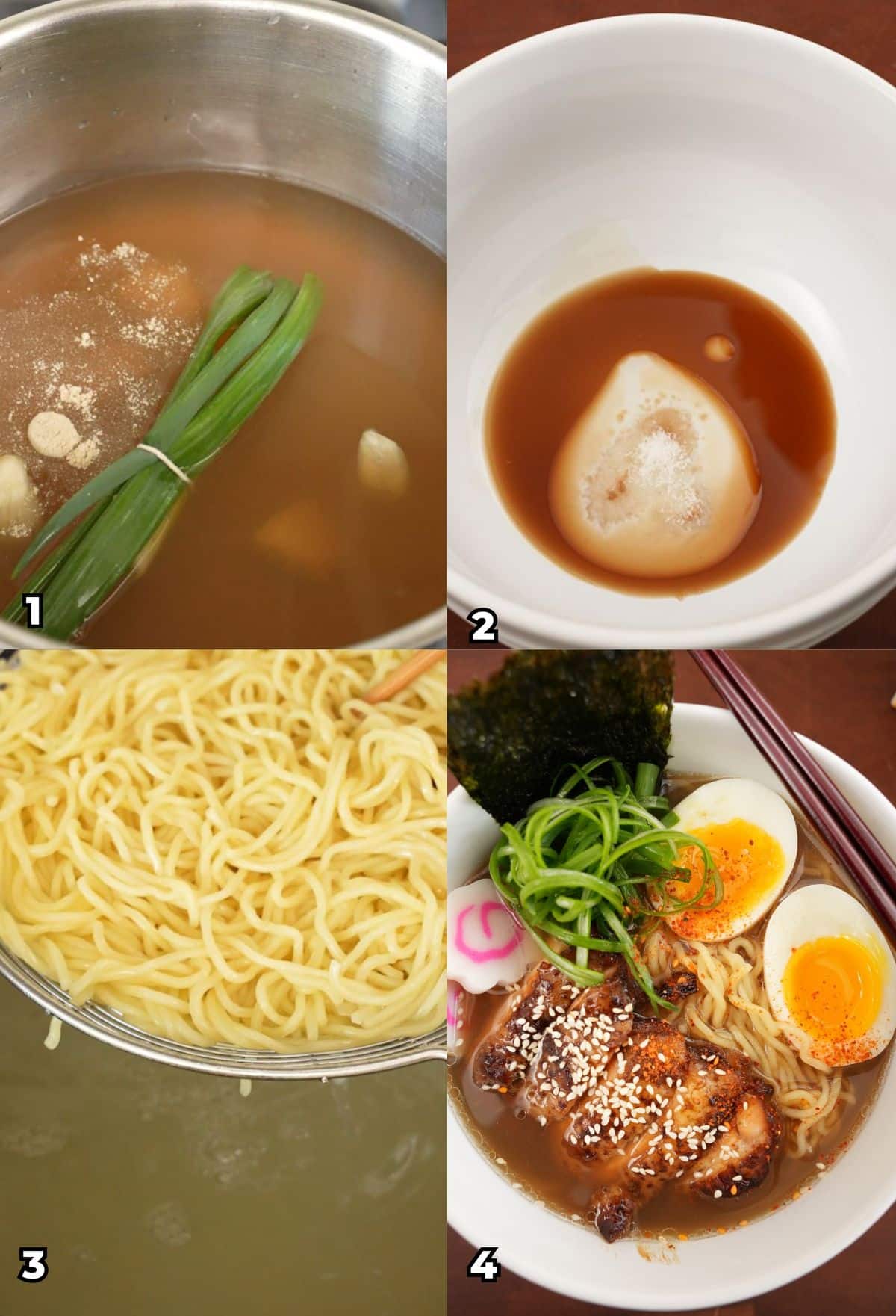 A photo collage consisting of four pictures that show the cooking process to make Chicken Ramen.