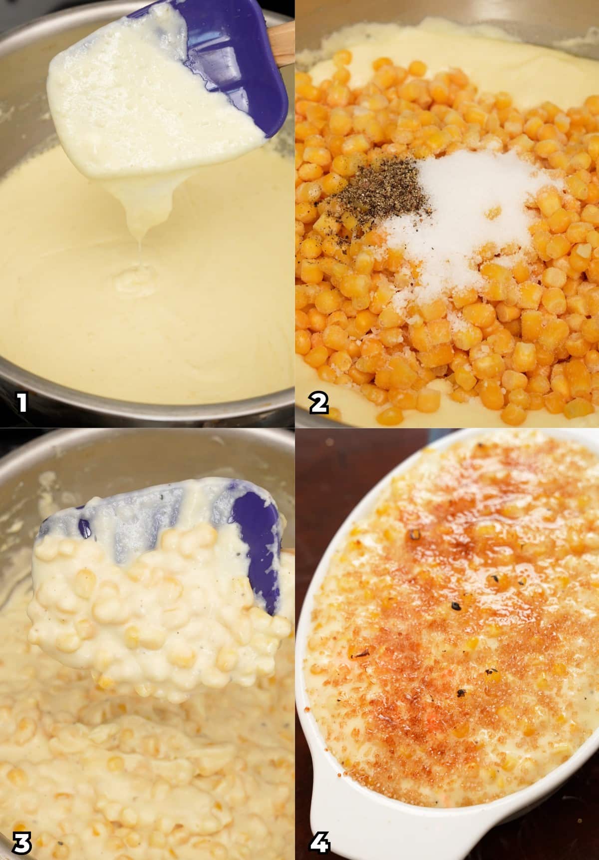 A four step collage of cooking steps for making Creamed Corn at home.