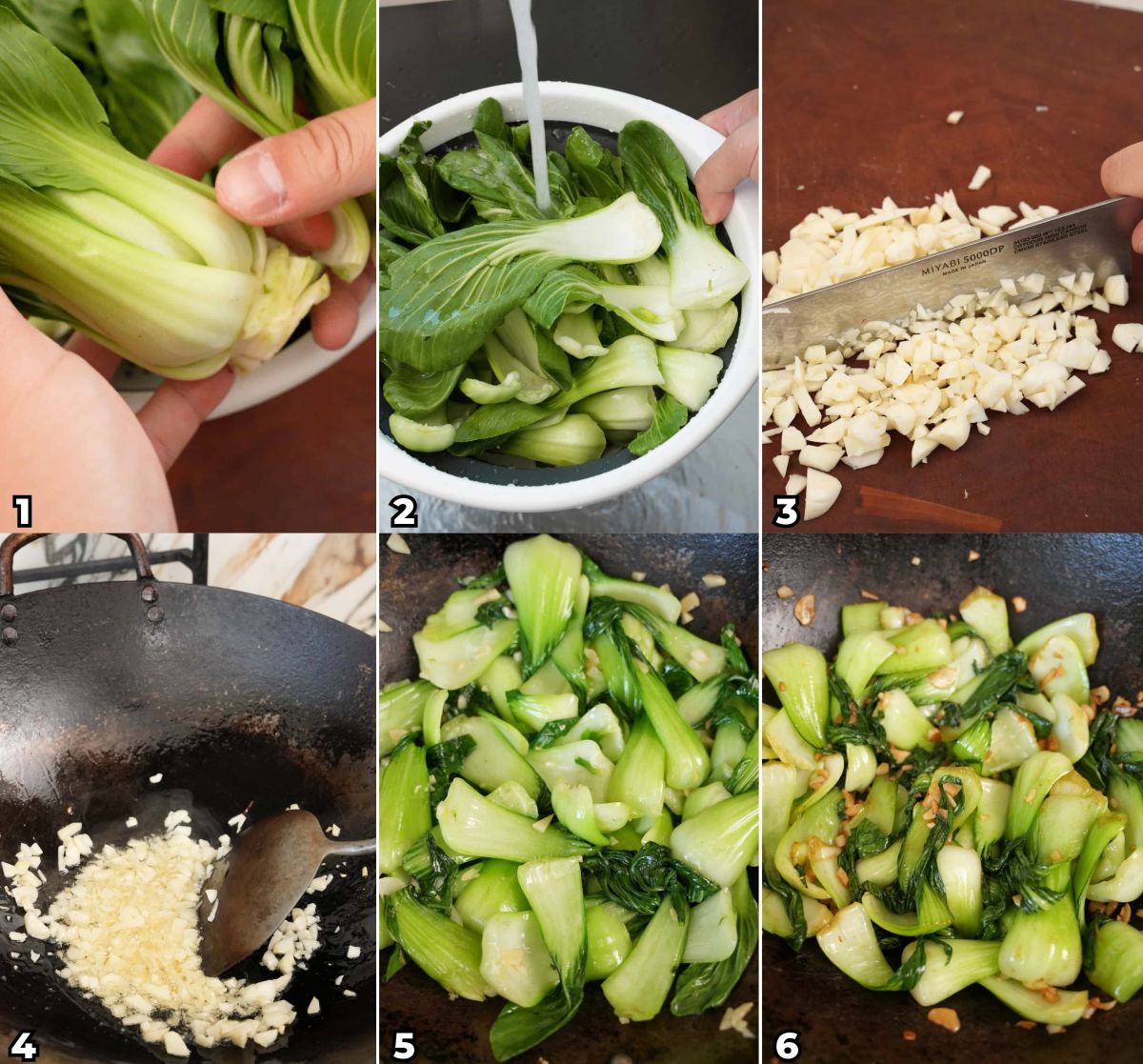 A six photo collage of cooking steps to make stir fried Garlic Bok Choy at home with fresh garlic, oil, and bok choy.