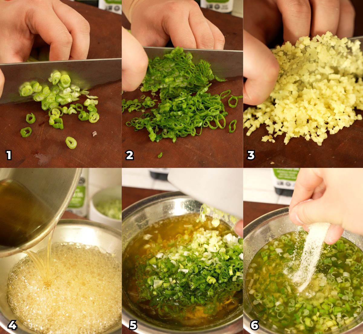 A six photo collage showing the different cooking steps for making an authentic Ginger Scallion sauce at home.
