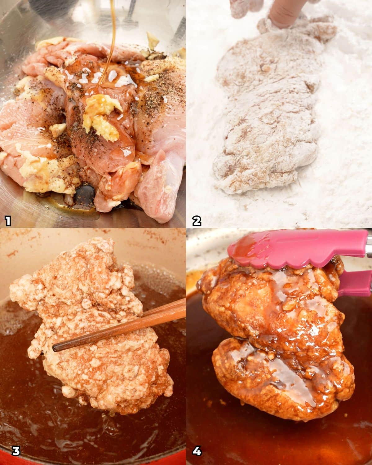 A 4 photo collage on how to make honey butter chicken thighs at home, starting with marinating the chicken, dredging the chicken in potato starch, frying the chicken  until crispy, and making the honey butter sauce.
