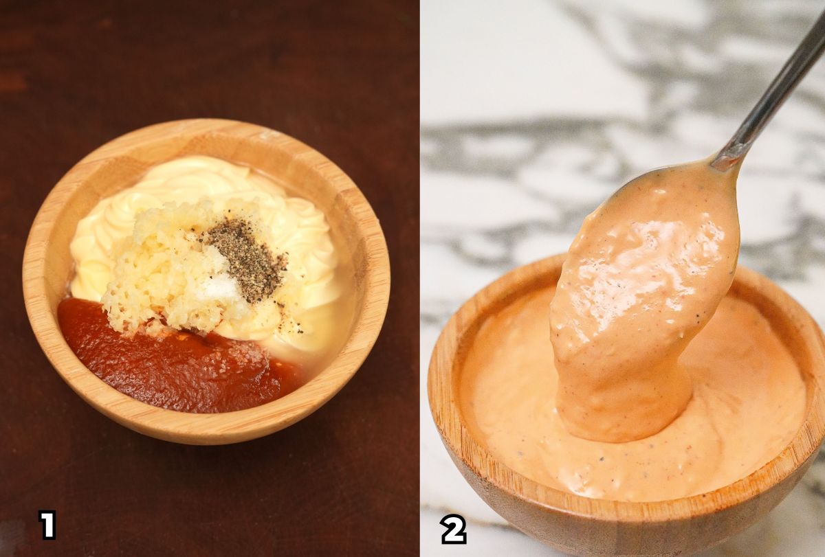 A collage of cooking steps to make homemade spicy mayo.