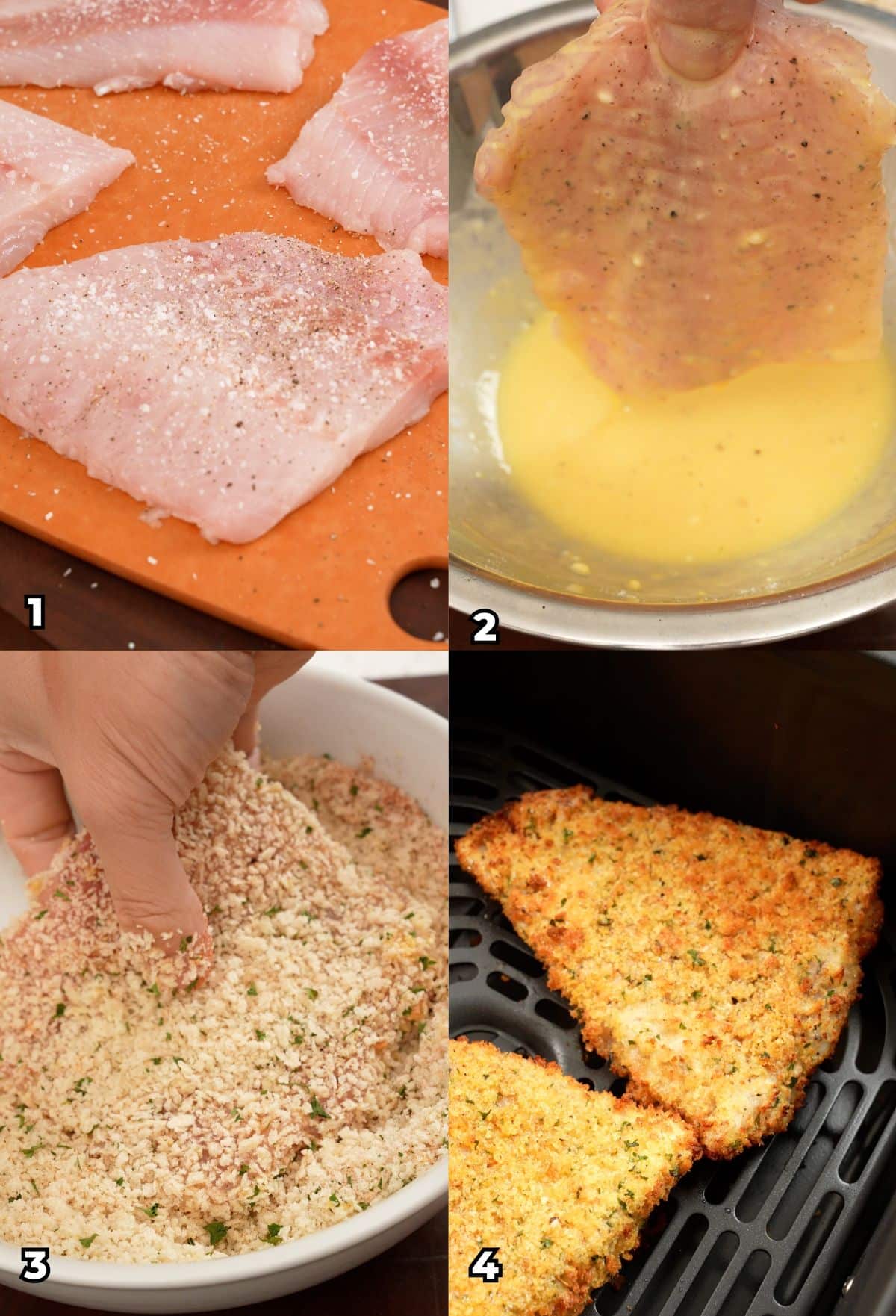 A 4 photo collage showing the cooking steps for Air Fryer Fried Fish, starting with seasoning the fish, dipping it in a seasoned wet batter and seasoned panko breadcrumbs, then air frying until crispy.