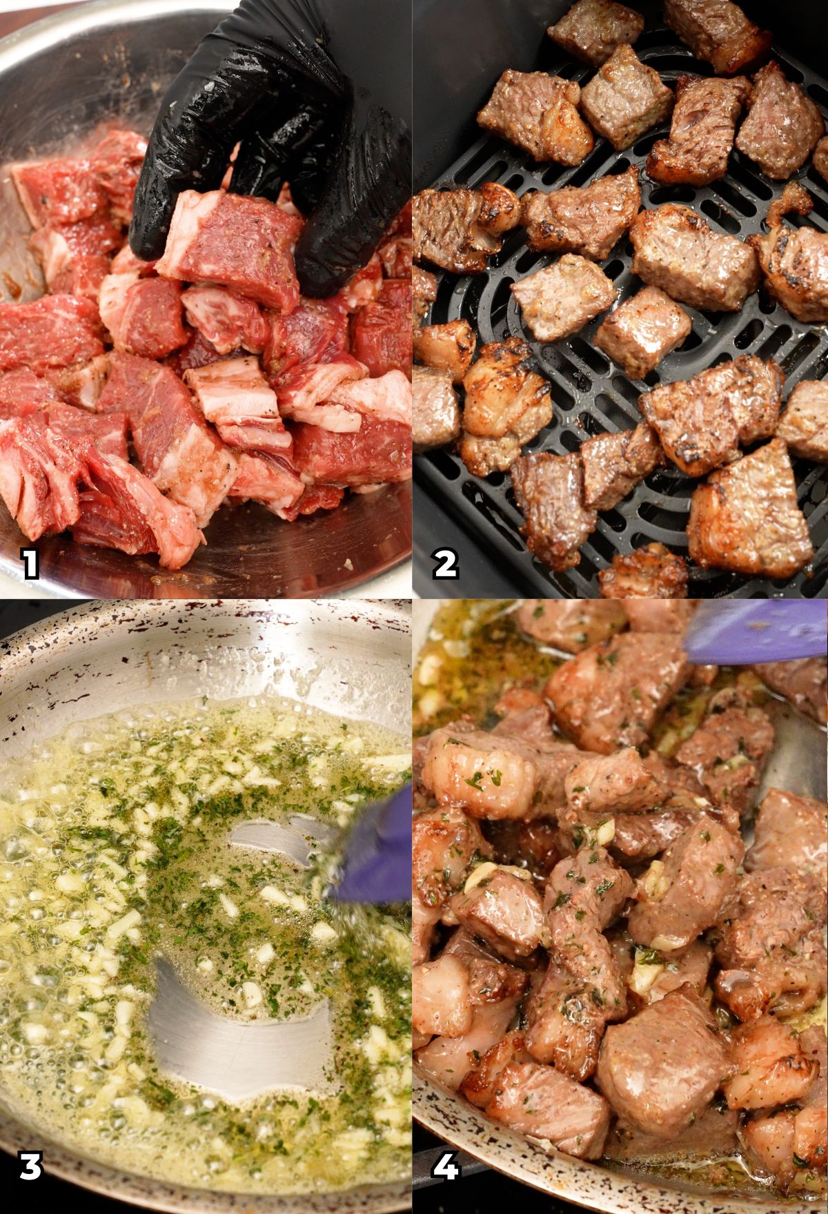 A 4 photo collage of cooking steps on how to make air fryer steak bites by marinating cubed ribeye steak, air frying the steak pieces, making the herb garlic butter, and tossing the steak pieces in the garlic butter.