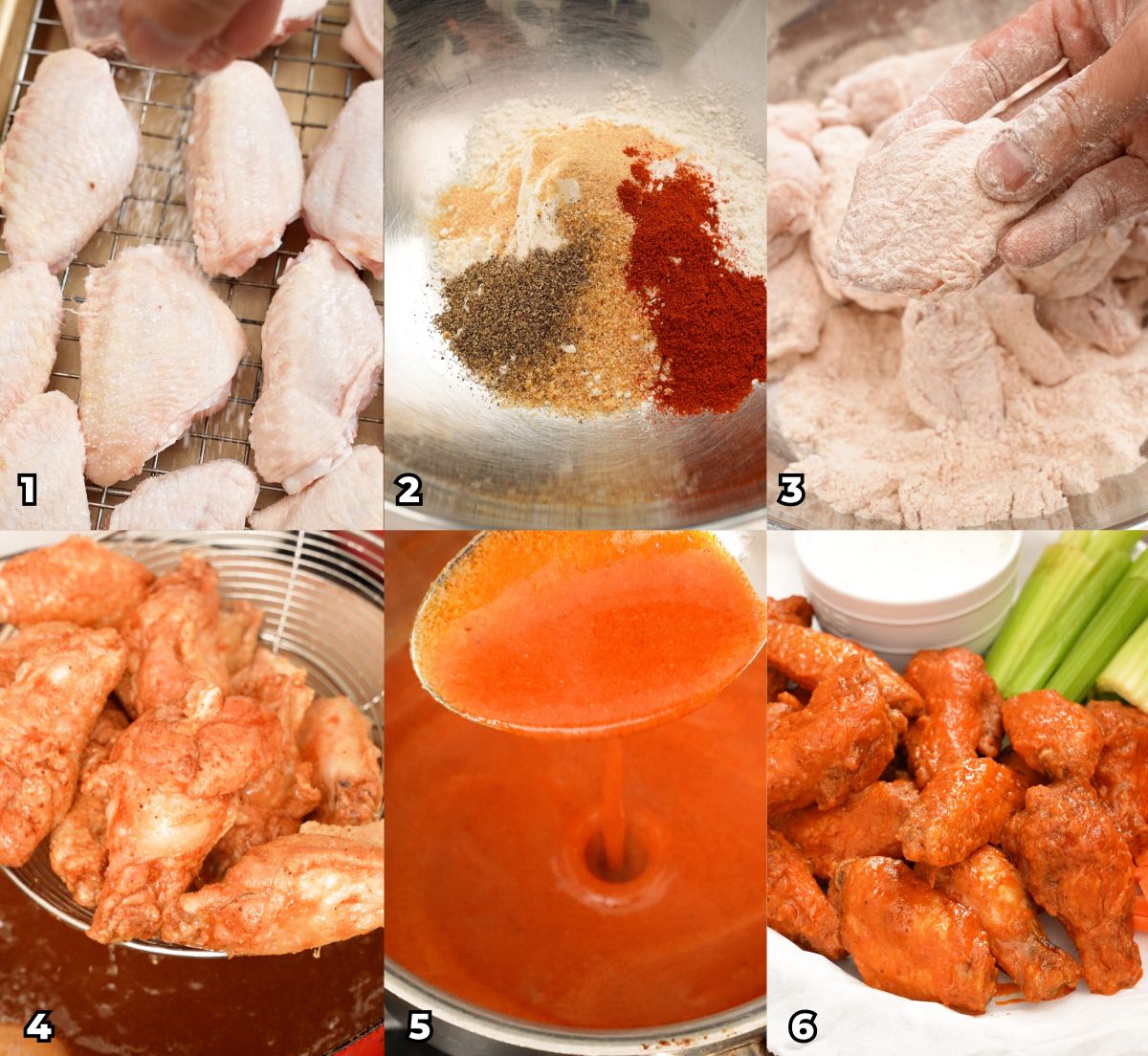 A 6 photo collage on how to make Buffalo wings starting with dry brining the wings with salt, mixing the flour with seasonings, coating the wings with dry batter, frying the wings, making the buffalo sauce, and tossing the wings in the sauce.