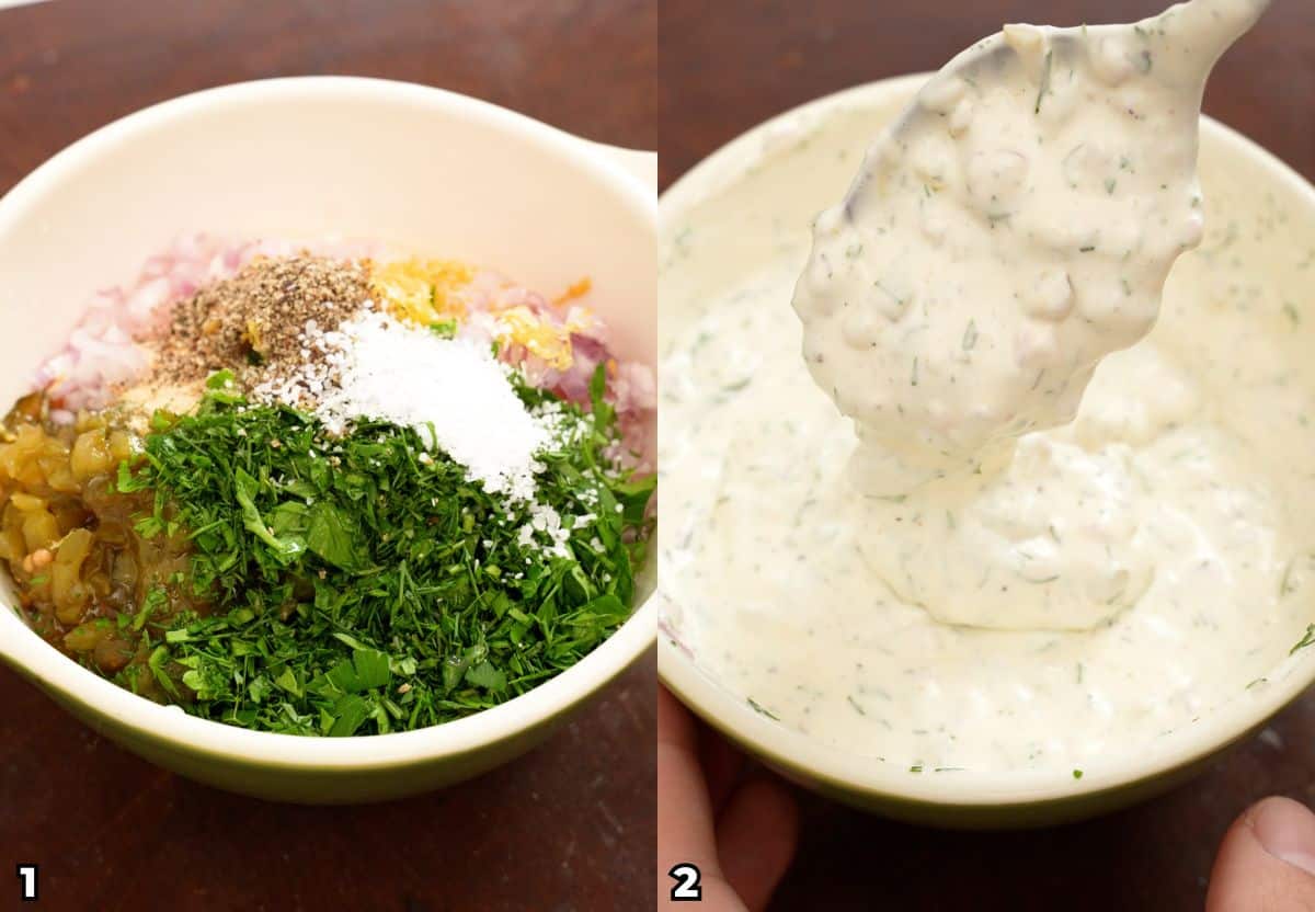 A 2 photo collage on how to make a homemade tartar sauce by mixing all the ingredients into a bowl until smooth.