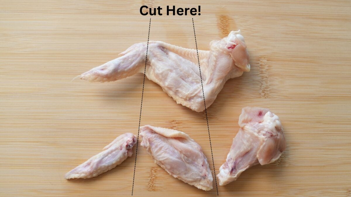 A whole chicken wing with dotted lines showing where to cut, next to the separated wing tip, flat, and drummette.