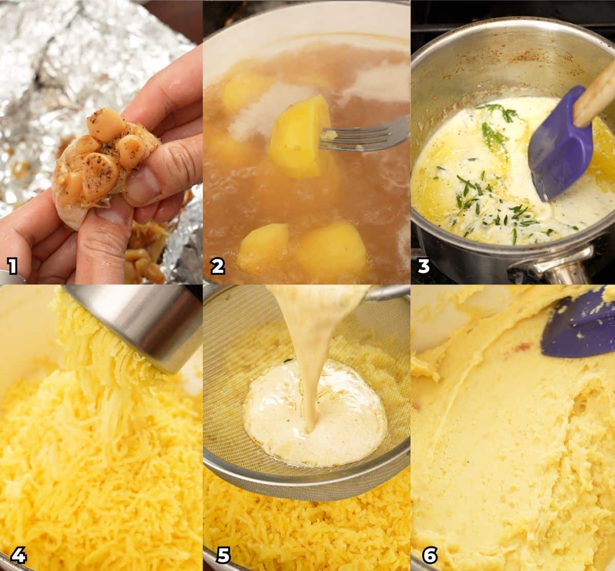 A 6 photo collage on how to make the best creamy garlic mashed potatoes at home.