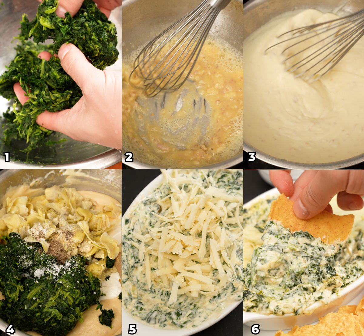 A 6 photo collage showing key cooking steps of how to make Houstons Copycat Spinach Artichoke Dip.