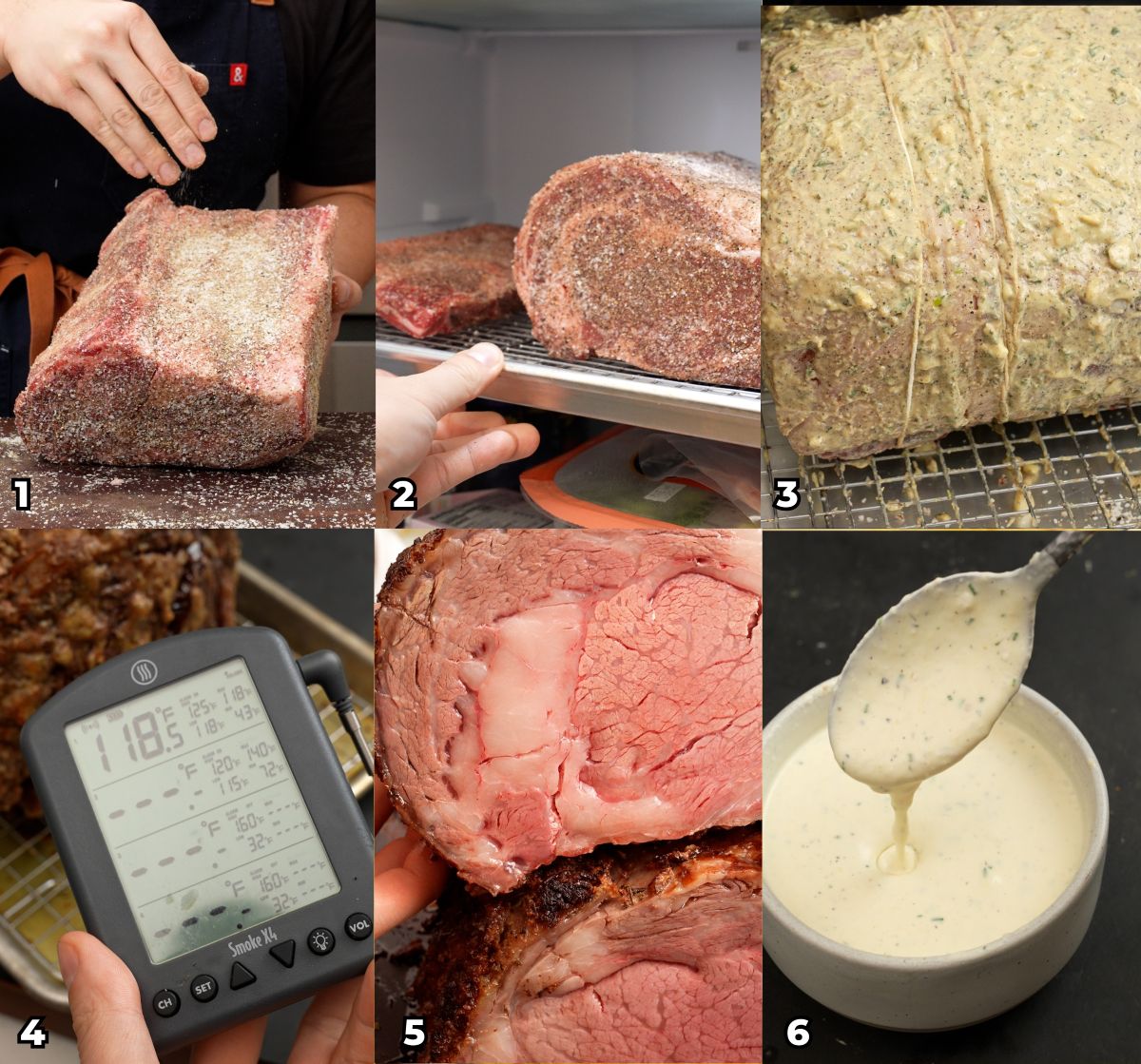 A 6 photo collage showing key cooking steps of how to make perfect Prime Rib with a creamy horseradish sauce.