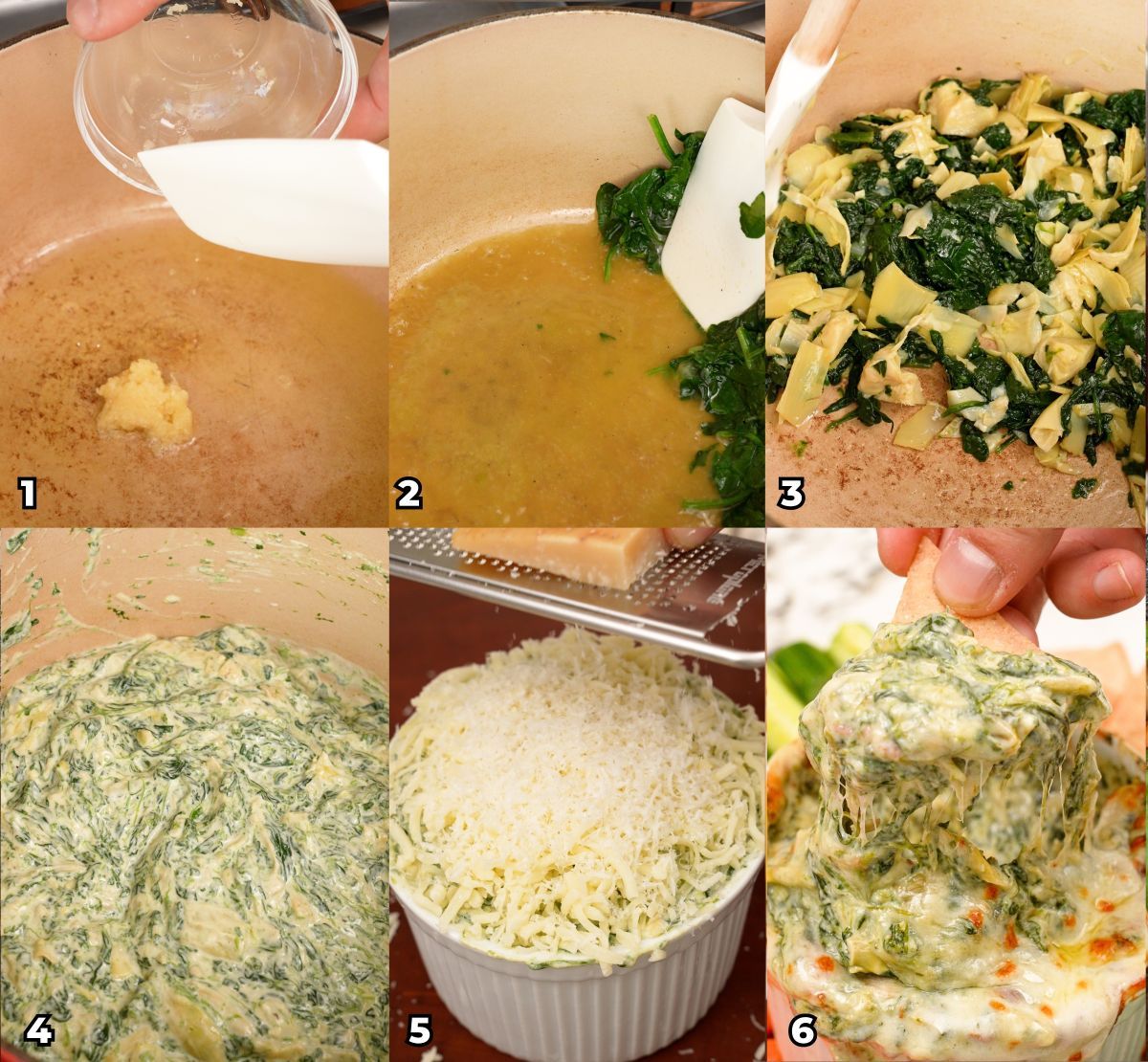 A 6 photo collage of cooking steps on how to make the best spinach artichoke dip at home.