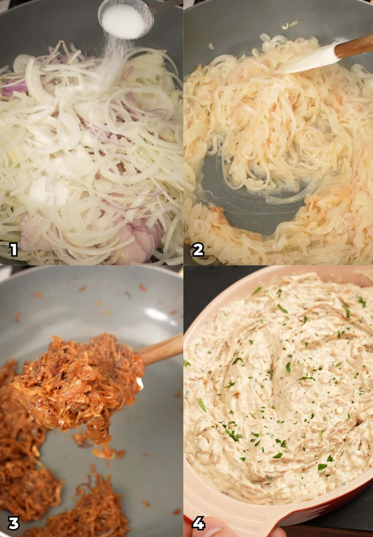 A 4 photo collage showing key cooking steps on how to make Caramelized Onion dip at home.