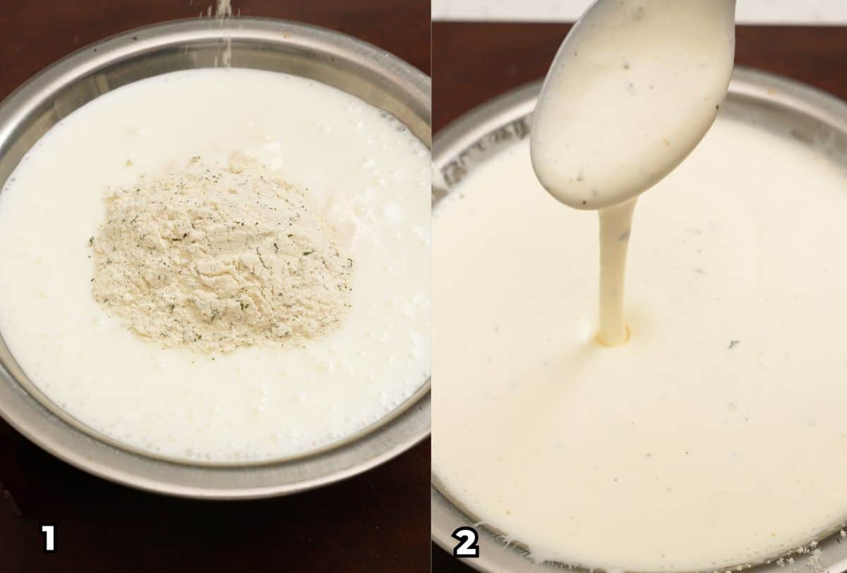 A 2 photo collage showing key cooking steps on how to make copycat wingstop ranch at home.