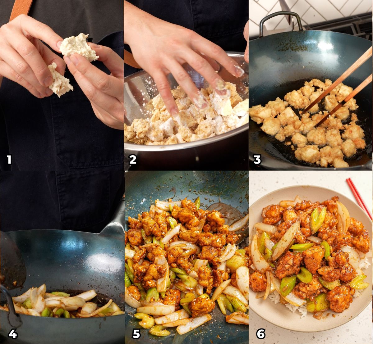 A 6 photo collage showing key cooking steps on how to make a Black Pepper Tofu at home.