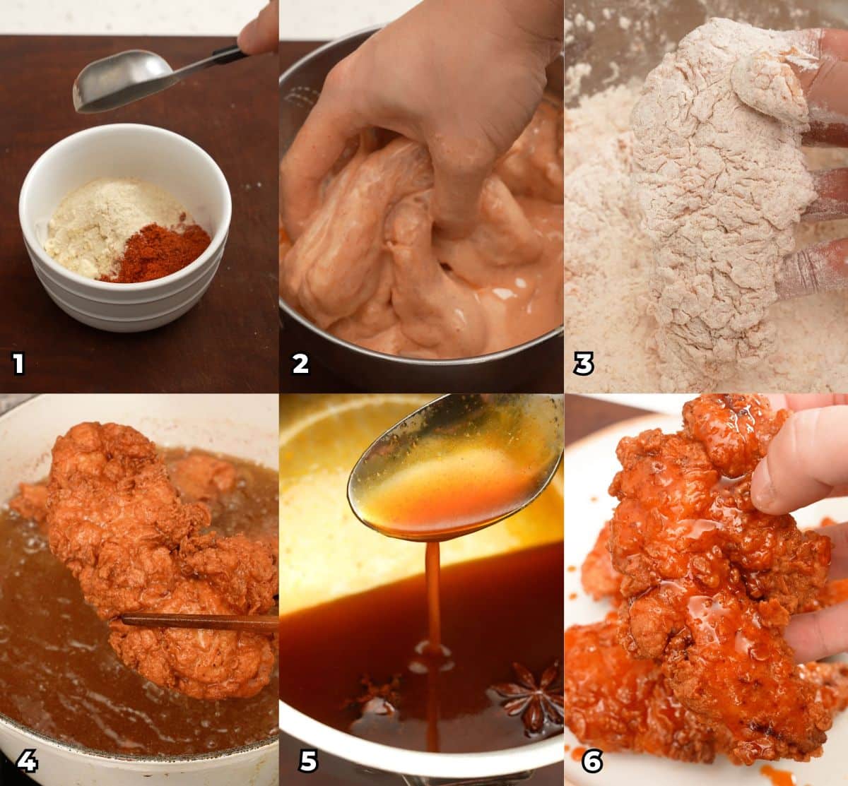 A 6 photo collage showing the key cooking steps on how to make crispy Hot Honey Chicken Tenders at home.