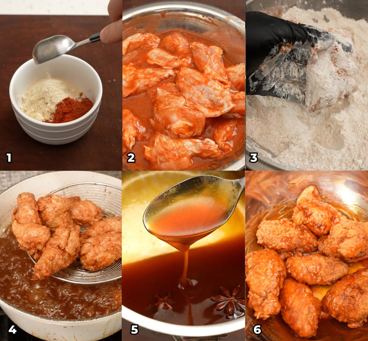 A 6 photo collage showing key cooking steps on how to make a crispy Hot Honey Chicken Wings at home.