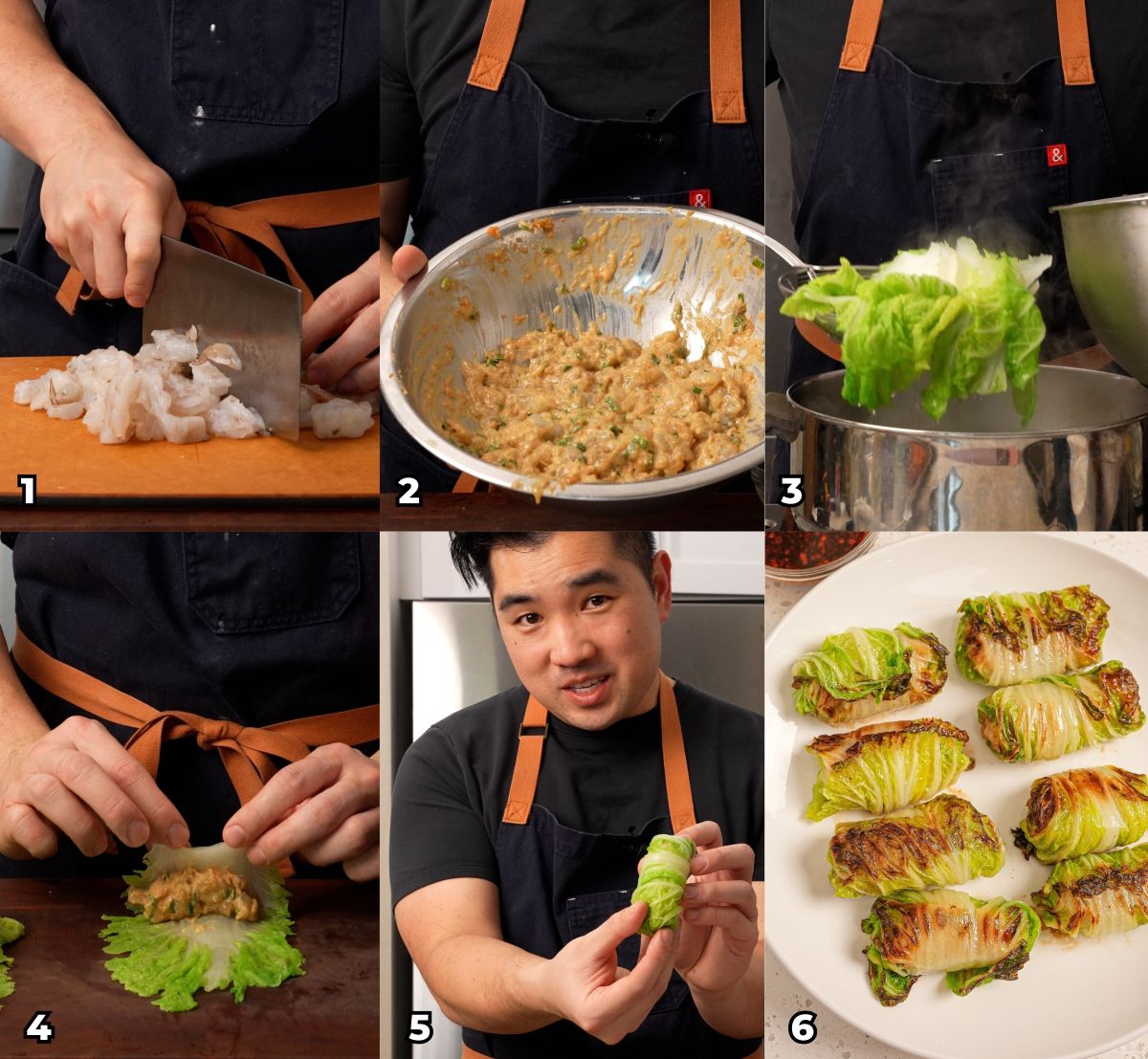 A 6 photo collage showing key cooking steps on how to make a Steamed Asian Cabbage Rolls at home.