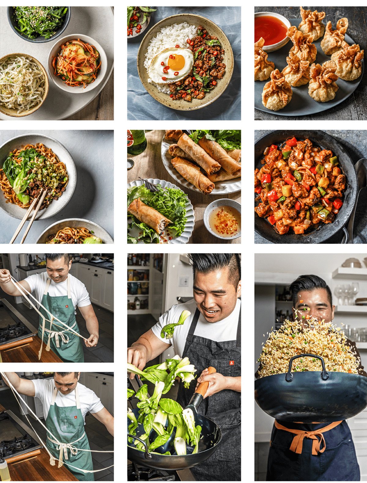 A photo collage showing finished dishes and cooking shots from Chris Joe (creator of CJ Eats) debut cookbook, COOK ASIAN.