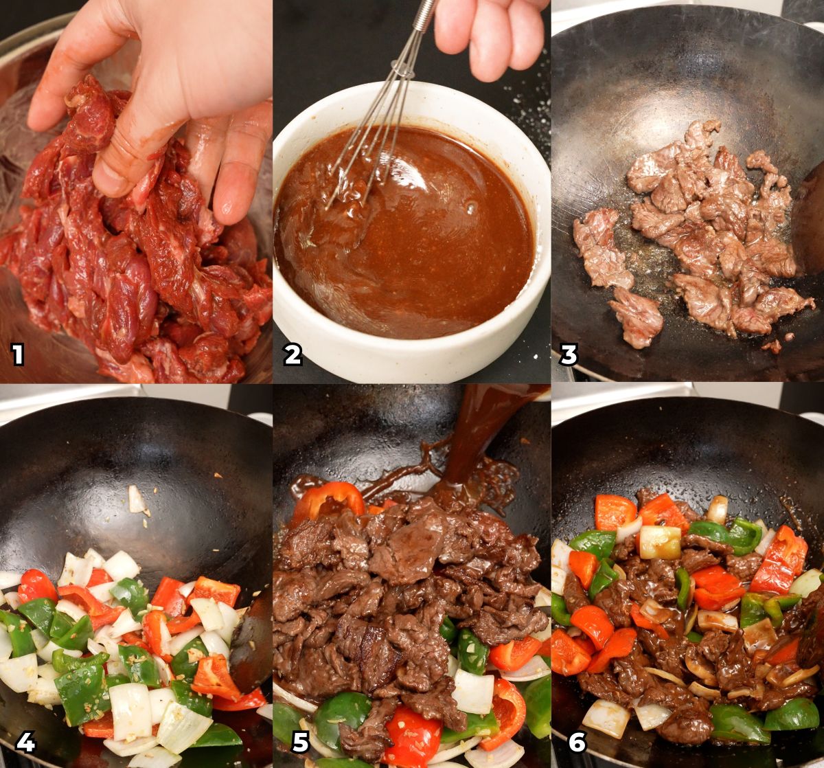 A 6 photo collage of key cooking steps showing how to make Chinese Pepper Steak at home.