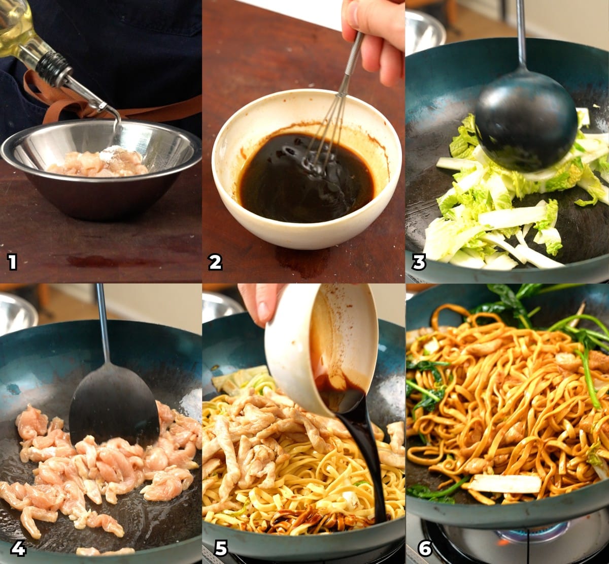 A 6 photo collage showing key cooking steps on how to make copycat Din Tai Fung Fried Noodles at home.