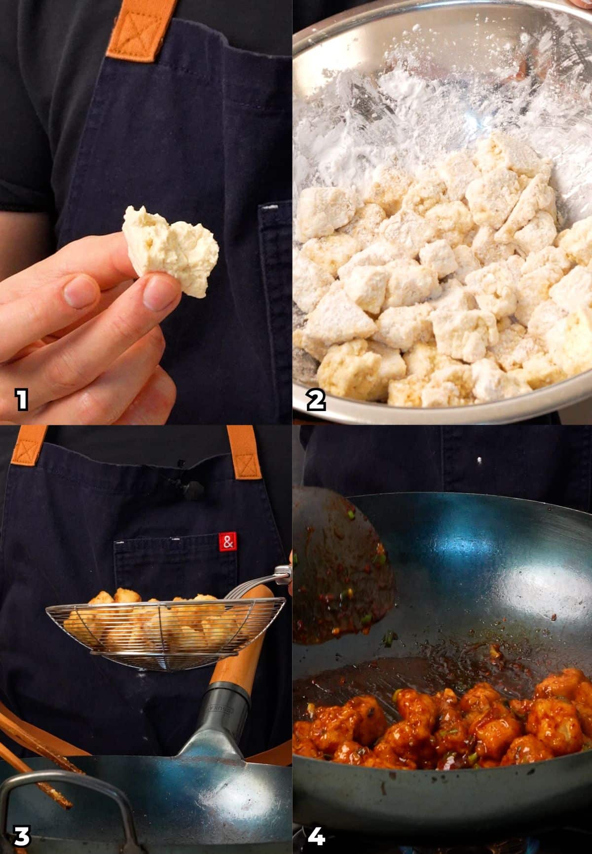 This is a 4 photo collage showing key cooking steps on how to make General Tso's Tofu at home.
