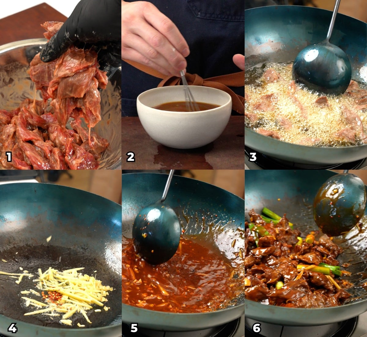 A 6 photo collage showing key cooking steps on how to make a restaurant style Ginger Beef at home.