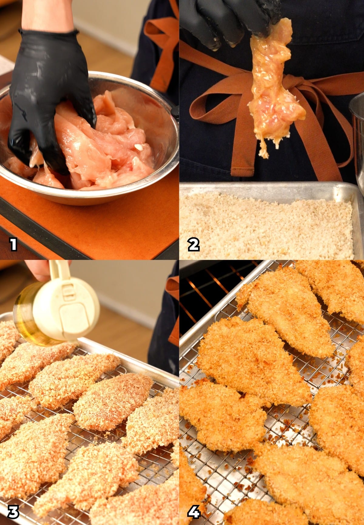 A four photo collage showing key cooking steps on how to make crispy baked chicken tenders.