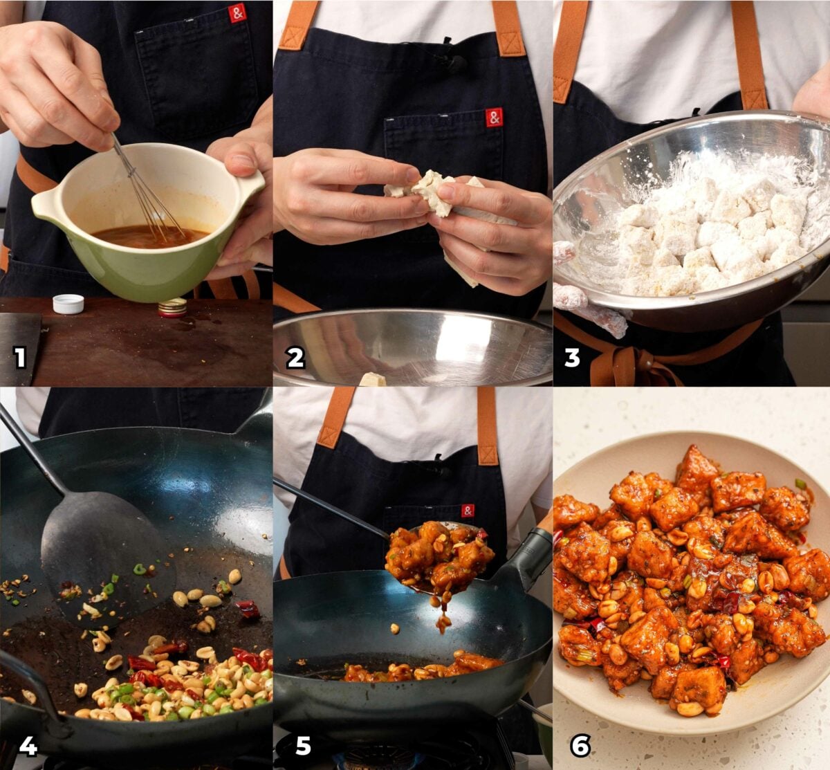 A six photo collage showing the key cooking steps of how to make crispy Kung Pao Tofu at home.