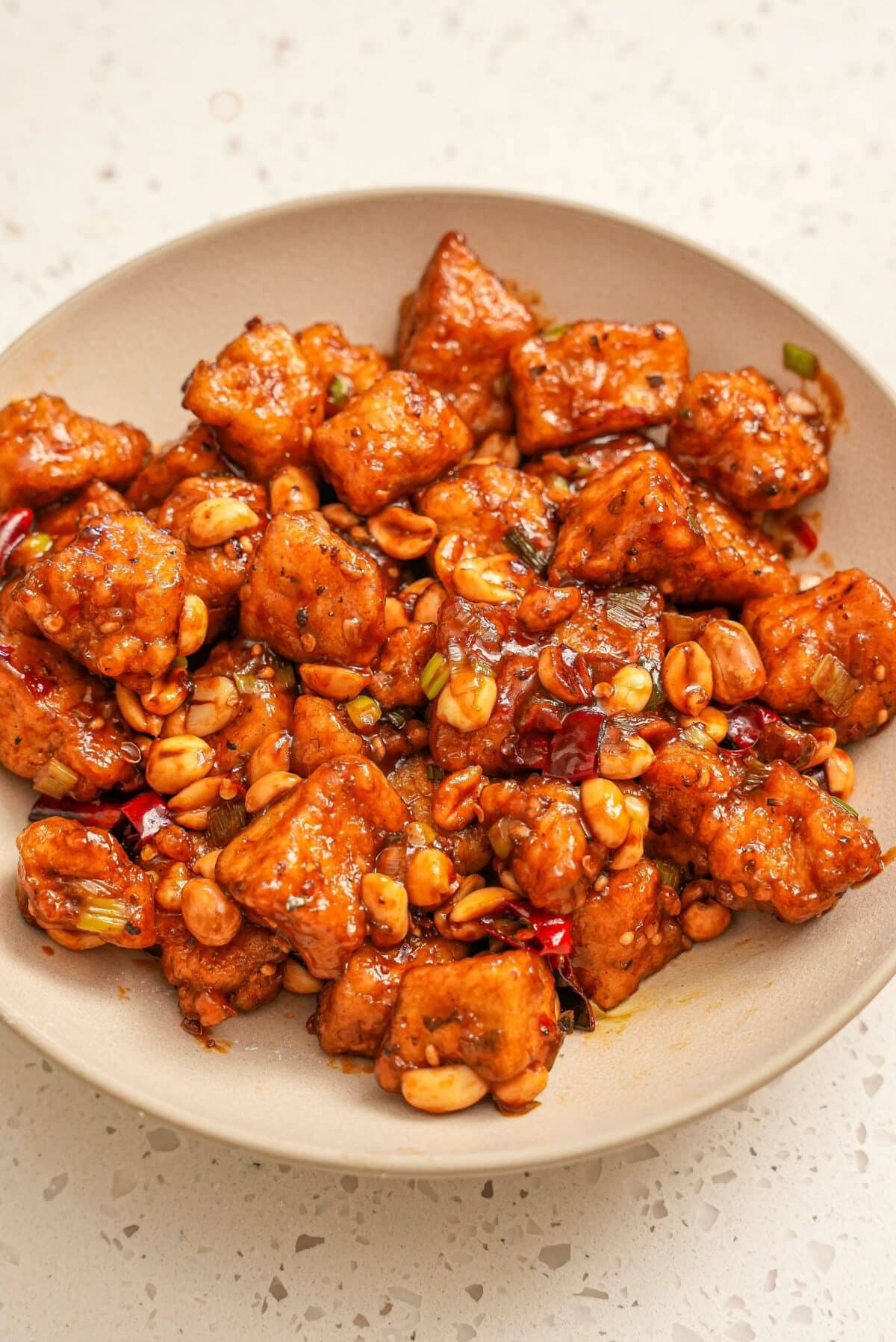 Crispy Kung Pao Tofu in a bowl.