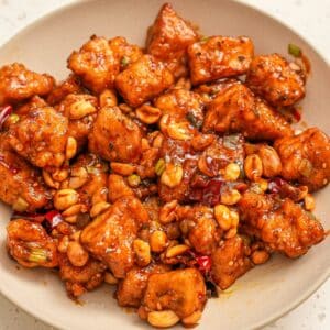 Crispy Kung Pao Tofu in a bowl.