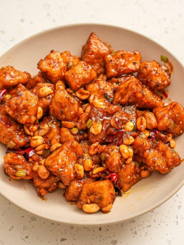 Crispy Kung Pao Tofu in a bowl.