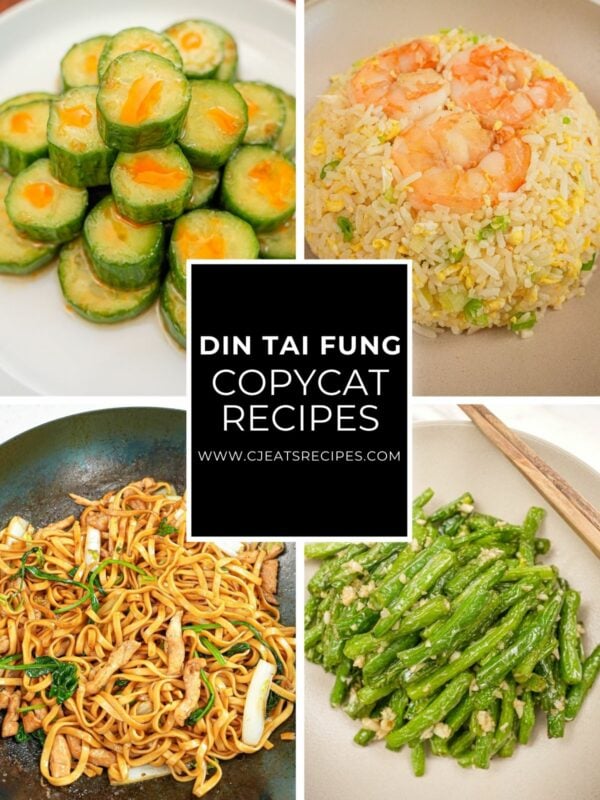 A 4 recipe collage showing Din Tai Fung copycat recipes that home cooks can make at home for a Din Tai Fung recipe roundup post.