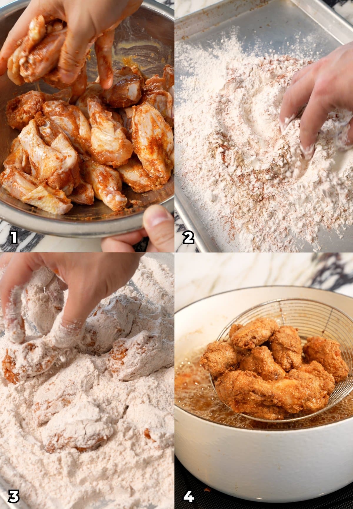 A four photo collage showing the key cooking steps of how to make Fried Chicken Wings.