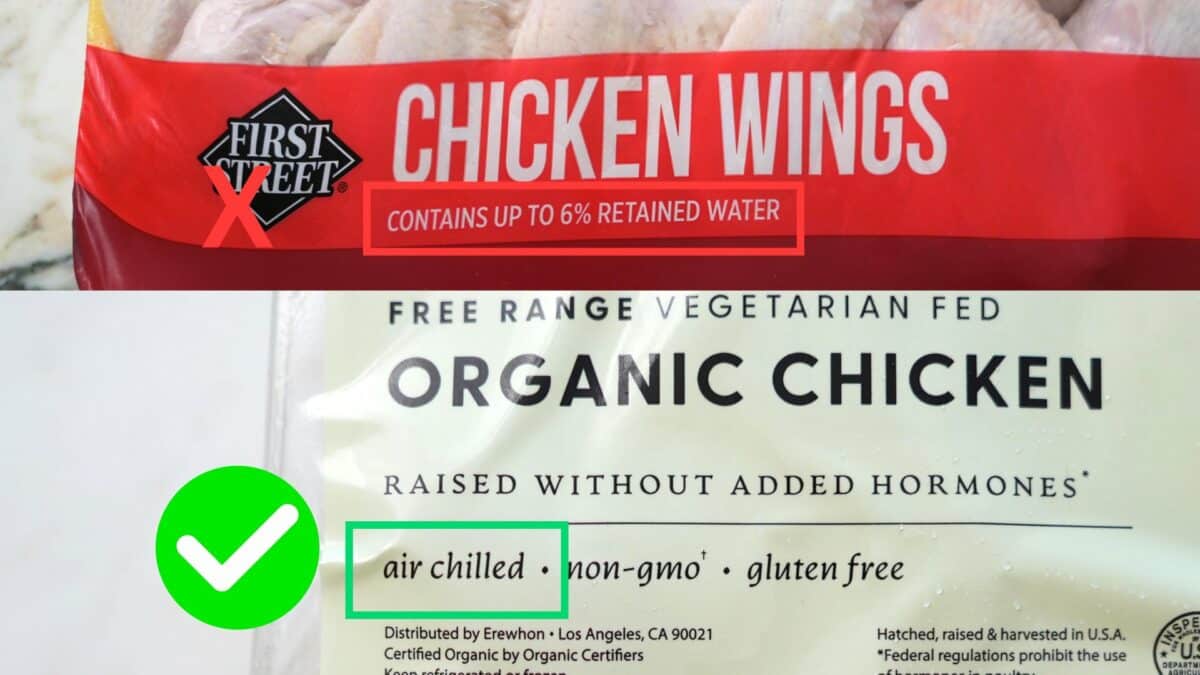 Chicken wing package labeled "contains up to 6% retained water" compared to an organic chicken package labeled "air chilled."